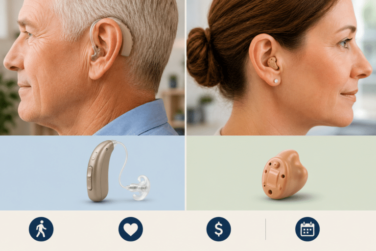 A comparison image shows two people wearing different styles of hearing aids, including a behind-the-ear model and an in-the-ear model, alongside close-up product images in a clean, modern layout.