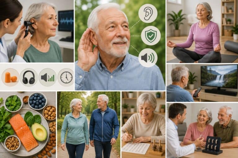 A collage of hearing wellness activities featuring hearing evaluations, mindful listening, meditation, healthy foods, regular exercise, hearing protection, cognitive exercises, television listening, and consultations with a hearing care professional, all focused on supporting healthy hearing and overall well-being in older adults.
