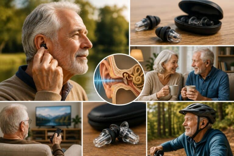 A collage featuring older adults using high-fidelity earplugs during everyday activities, including relaxing outdoors, enjoying conversations, watching television, cycling, and spending time with loved ones, alongside close-up images of reusable earplugs designed for comfortable hearing protection and enhanced listening.