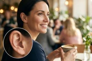 A smiling woman sitting in a cafe holding a cup of coffee, with a circular inset showing a close-up view of a discreet invisible hearing aid inside her ear.