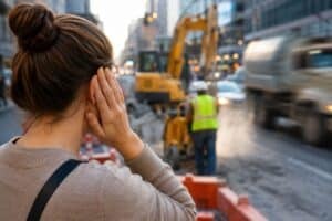 A person covering one ear while standing near a busy urban construction site with heavy equipment, traffic, and loud machinery, illustrating the effects of noise pollution and the importance of protecting hearing health.