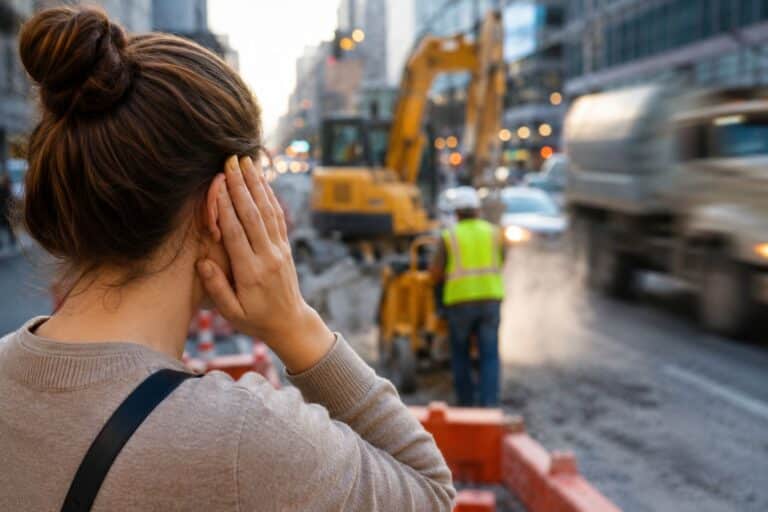 A person covering one ear while standing near a busy urban construction site with heavy equipment, traffic, and loud machinery, illustrating the effects of noise pollution and the importance of protecting hearing health.