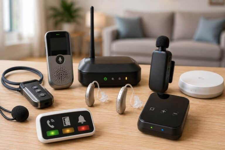 Modern hearing aids displayed alongside assistive listening devices, including remote microphones, wireless transmitters, and alerting technology, illustrating tools that can help people with hearing loss communicate and stay connected.